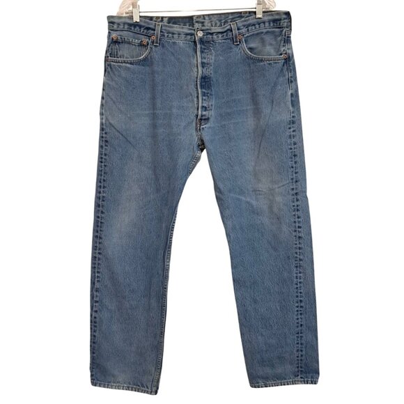 Vintage 90s Levis 501 Made in USA W40 L32 LIght Wash Whiskered Fade 553 Factory - Picture 1 of 11